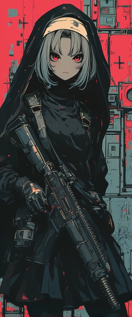  Full body shot, Cyberpunk, Gothic, Biomechanical ( 1girl, solo, looking at viewer, red eyes, gloves, holding, hair between eyes, weapon, white hair, holding weapon, gun, cross, holding gun, rifle, pouch, nun, assault rifle, habit)
), , abstract cubist, Perfect Composition, High Contrast, Atmospheric, Moody, Raw photo, realistic, cinematic lighting, soft shadows, sharp focus, fractal, colorful, depth of field, best quality, 16k resolution,
,ct-animepopstyle,anime,style of Mattias Adolfsson,ct-sensual,cyberpunk,ct-sensual-v2,style of Gerry Anderson,style of James C. Christensen,style of Kawanabe Kyosai