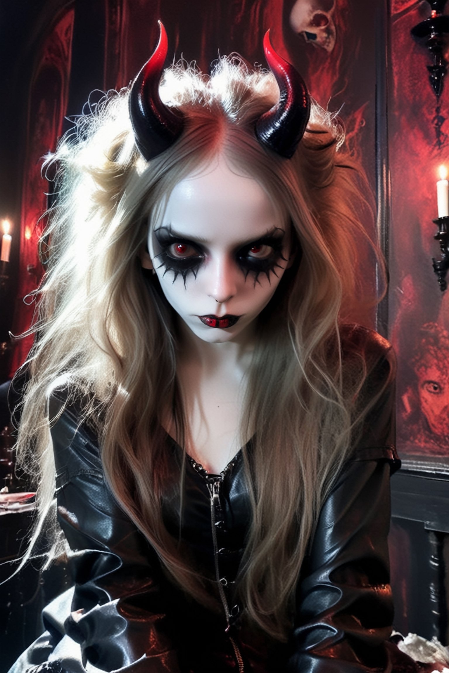 young pale skin demon  girl  with oversized red sunglesses,long messy hair , hair ,  , wearing latex outfitt, dark atmosphere.

(room has gothic walls with creepy decorations, candels , gothic furniture:1.1)  

( young face:1.2),
modern, (high detailed skin:1.2), 8k uhd, dslr, soft lighting, high quality, film grain, Fujifilm XT3 ,  , relaxing, long hair, ,sooyaaa,detailmaster2,more detail XL,Anime 