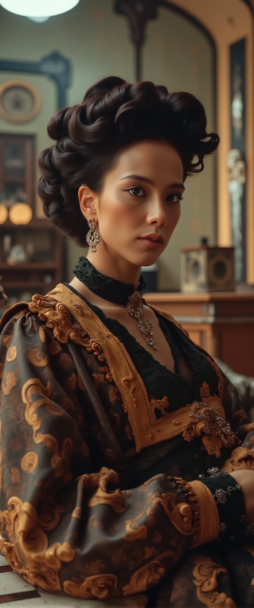 Photograph of a beautiful European model sitting on a rocking chair in a futuristic cyberpunk apartment. A Rococo hairstyle with ringlets à la Sévigné. She is wearing an avant-garde layered gown made of silk and organza. Brown and black color palette. Cluttered maximalism. Close-up shot. Rim lighting. Masterpiece. 64k.
