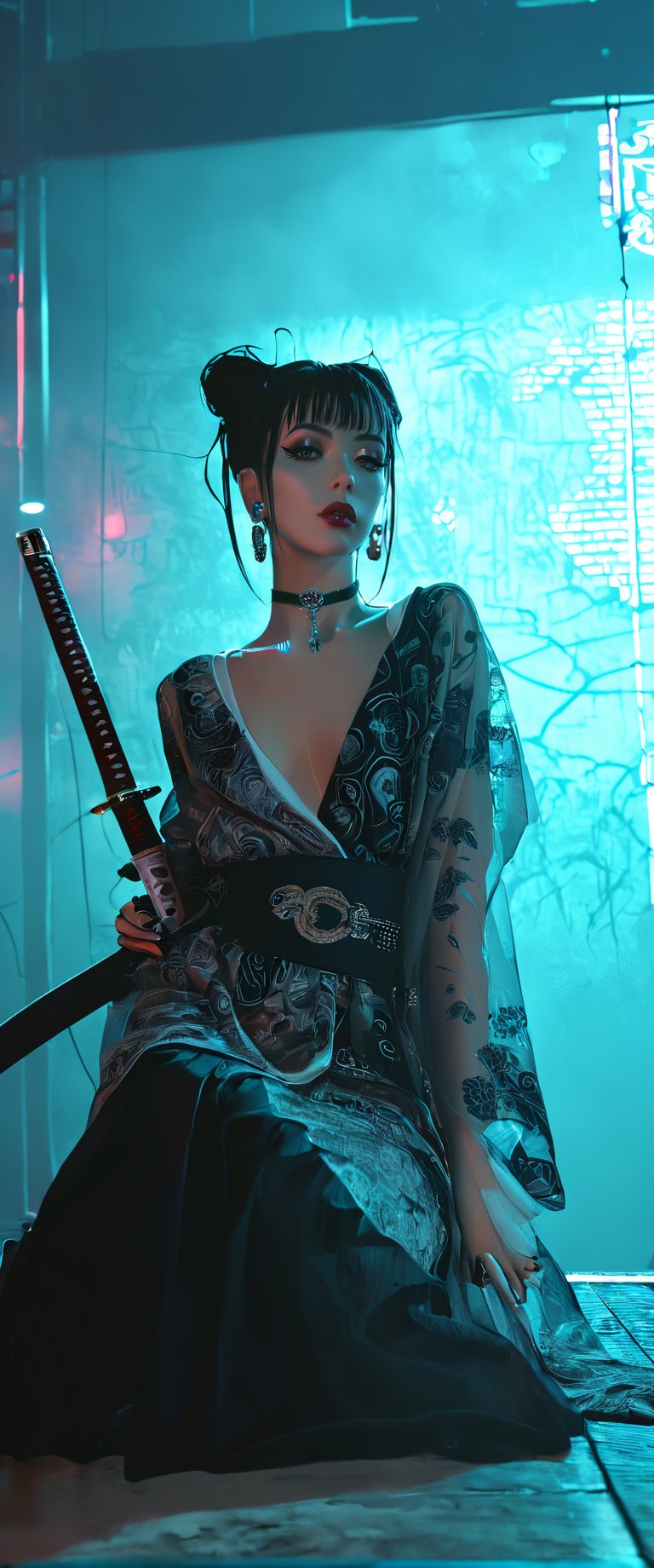 Prompt: In a dimly lit, smoky cyberpunk club, a femme fatale cyborg sits solo, her mechanical joints gleaming in the flickering light. Her striking features, framed by short hair and bangs, are adorned with jewelry and a black choker. she pets a snake that gazes directly at the viewer. She wears a revealing seethrough kimono, paired with Japanese-style earrings, and holds a katana surrounded by the dark, gritty atmosphere. Her gaze is sultry, exuding an air of sexy sophistication, as if inviting the viewer to enter her world. The scene is set in a Conrad Roset-inspired style, with a focus on dark, muted tones and industrial textures.,core_9,scary, (masterpiece:1.2),ct-virtual,dcas_lora
