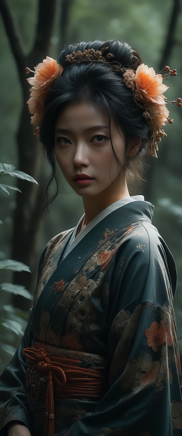 breathtaking RAW photo of female ((Imagen arafed de una mujer con un vestido naranja en un bosque., retrato geisha con flequillo, jingna zhang, heise-lian yan fang, Zhang Daqian, inspirado en Li Mei Shu, palacio , una chica en hanfu, retrato de pintura mate, retrato de Sadako del Anillo, retrato de un mago del bosque, inspirado en Zhou Wenjing )), dark and moody style, perfect face, outstretched perfect hands . masterpiece, professional, award-winning, intricate details, ultra high detailed, 64k, dramatic light, volumetric light, dynamic lighting, Epic, splash art .. ), by james jean $, roby dwi antono $, ross tran $. francis bacon $, michal mraz $, adrian ghenie $, petra cortright $, gerhard richter $, takato yamamoto $, ashley wood, tense atmospheric, , , , sooyaaa,IMGFIX,Comic Book-Style,Movie Aesthetic,action shot,photo r3al,bad quality image,oil painting, cinematic moviemaker style,Japan Vibes,H effect,koh_yunjung ,koh_yunjung,kwon-nara,sooyaaa,colorful,bones,skulls,armor,han-hyoju-xl ,DonMn1ghtm4reXL, ct-fujiii
,oiran,furisode,ct-jeniiii, ct-goeuun