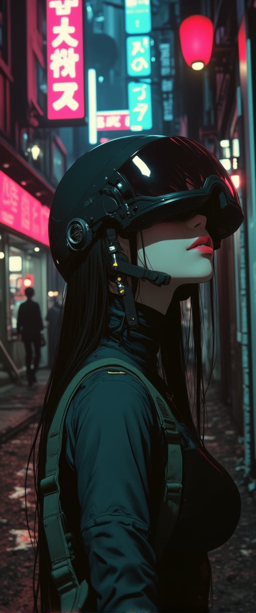 A cyberpunk alleyway at dusk, the air thick with neon-lit haze. A Japanese woman, clad in a futuristic outfit, stands out amidst the urban decay. She wears a full-face helmet adorned with a reflective visor that mirrors the surroundings, giving her an otherworldly appearance. Her bright red lips add a pop of color against the monochromatic backdrop. The bokeh effect from nearby streetlights creates a soft, dreamy quality, blurring the edges of the scene as the city's edgy energy pulses through every pixel.