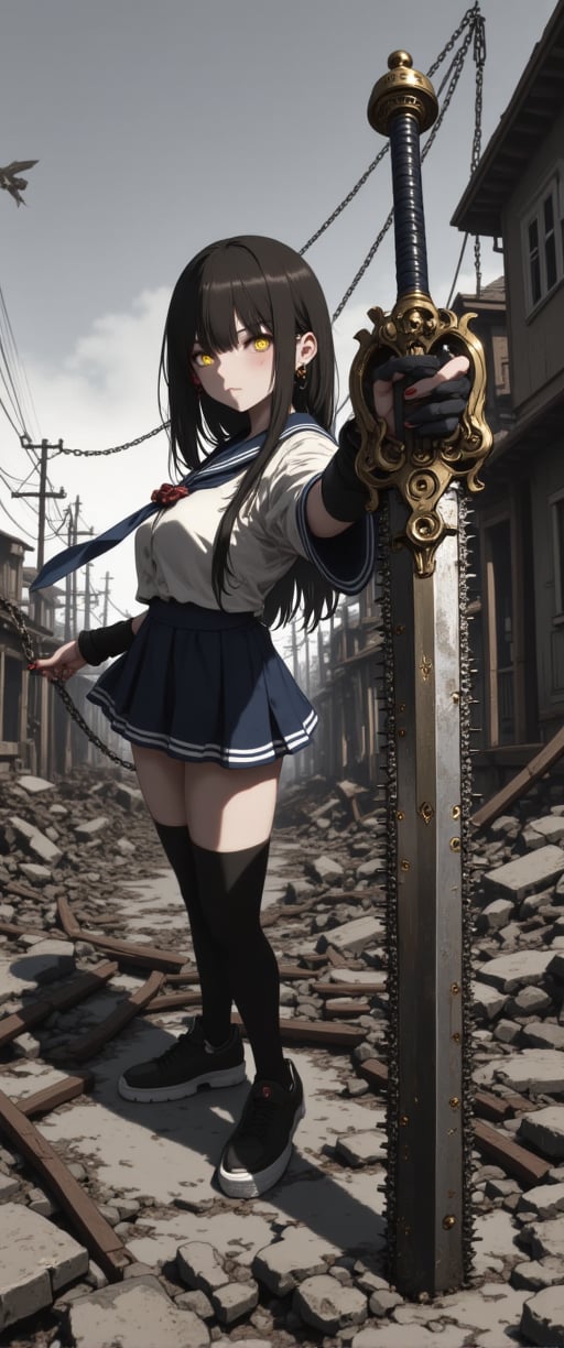 A gritty GOD EATER scene: A petite Japanese girl in a sailor school uniform miniskirt stands strong amidst the ruins of a dystopian cityscape. She brandishes an imposing, intricately detailed mechanical chainsaw-like sword with gears and rivets, its steely sheen contrasting with her fragile features. Her chained hand adds an eerie touch to her menacing aura. The desolate backdrop of dilapidated buildings, power lines, and gray skies amplifies the post-apocalyptic atmosphere. Her exquisite facial features glow amidst the ruin, as she exudes a sense of powerful danger.,ct-sensanime,ct-prettienime2,ct-anitity