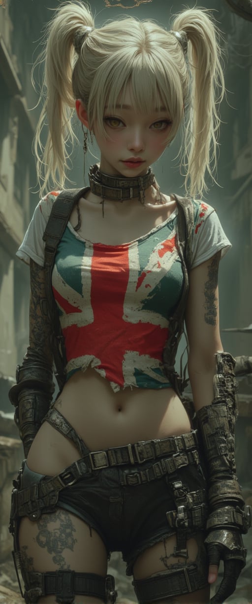 This image is a highly detailed, realistic digital painting of a woman standing in a gritty, rundown room. She is a young woman with a pale, athletic build and light skin, wearing a punk-inspired outfit. She has platinum blonde hair styled in two high pigtails. Her outfit includes a white crop top with the Union Jack flag emblazoned on the chest, which is torn and revealing her midriff.