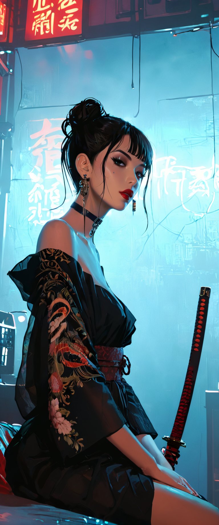 Prompt: In a dimly lit, smoky cyberpunk club, a femme fatale cyborg sits solo, her mechanical joints gleaming in the flickering light. Her striking features, framed by short hair and bangs, are adorned with jewelry and a black choker. she pets a snake that gazes directly at the viewer. She wears a revealing seethrough kimono, paired with Japanese-style earrings, and holds a katana surrounded by the dark, gritty atmosphere. Her gaze is sultry, exuding an air of sexy sophistication, as if inviting the viewer to enter her world. The scene is set in a Conrad Roset-inspired style, with a focus on dark, muted tones and industrial textures.,core_9,scary, (masterpiece:1.2),ct-virtual,dcas_lora
