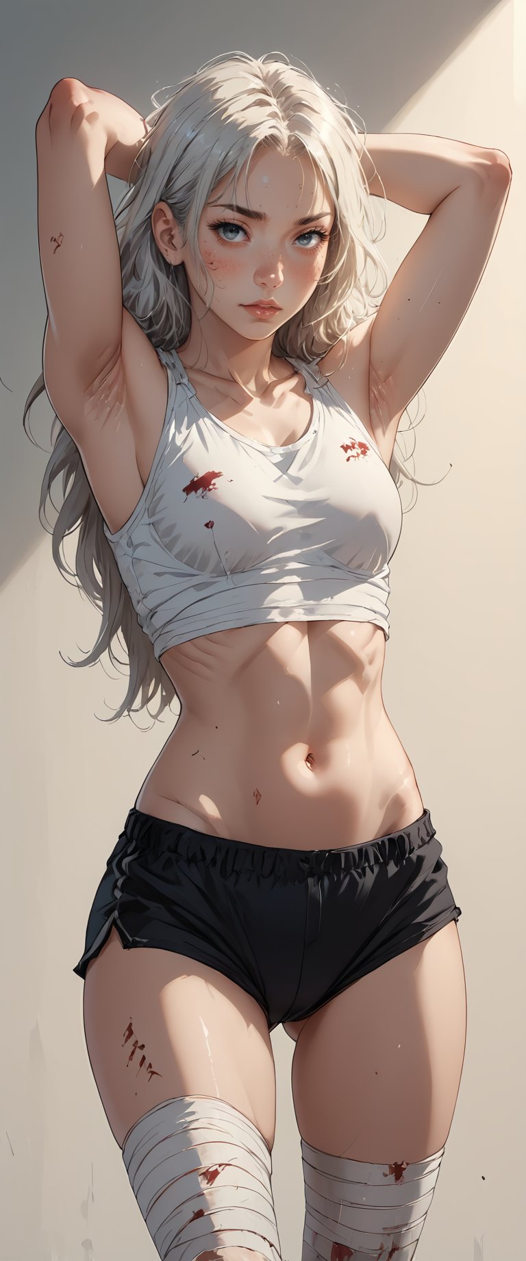 1girl, solo, long hair, breasts, looking at viewer, , greyscale, armpits, blood, bandages, messy hair, arms behind head,tumbada en una hamaca de red , injury, bandaged leg, score_6, score_7_up, score_8_up,score_9,score_4_up,score_5_up,score_6_up