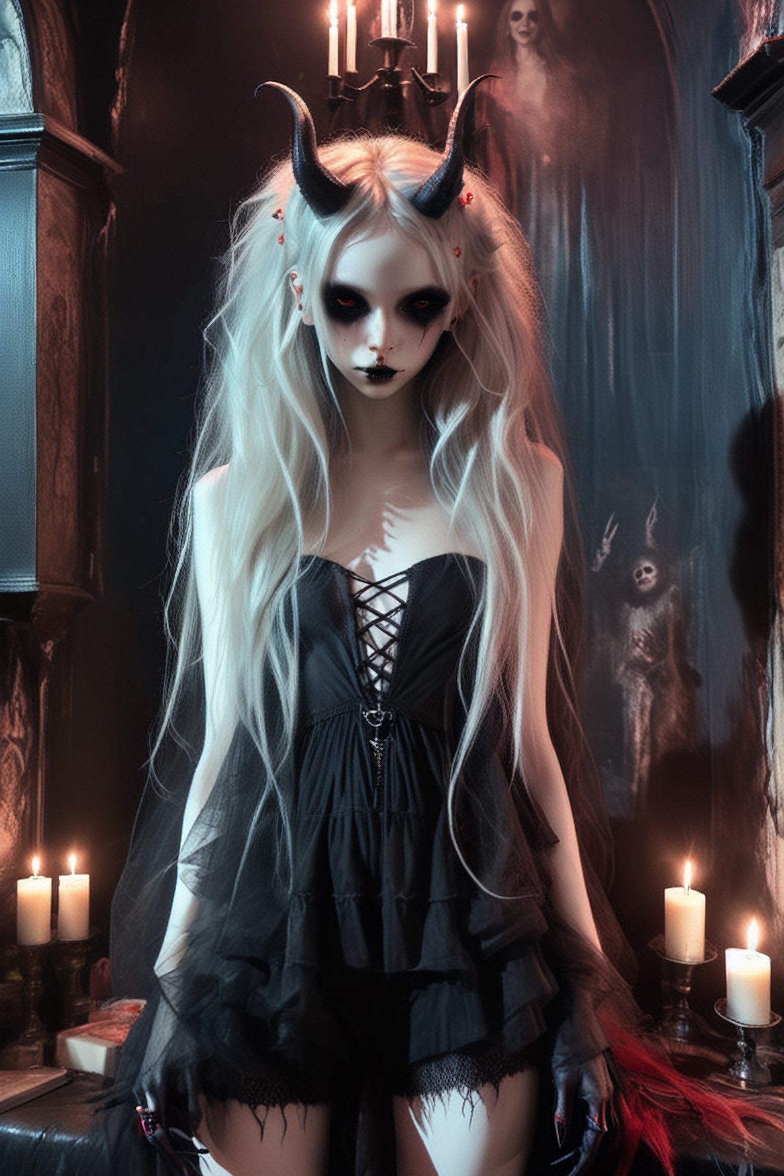 young pale skin demon  girl  with oversized red sunglesses,long messy hair , hair ,  , wearing latex outfitt, dark atmosphere.

(room has gothic walls with creepy decorations, candels , gothic furniture:1.1)  

( young face:1.2),
modern, (high detailed skin:1.2), 8k uhd, dslr, soft lighting, high quality, film grain, Fujifilm XT3 ,  , relaxing, long hair, ,sooyaaa,detailmaster2,more detail XL,Anime 