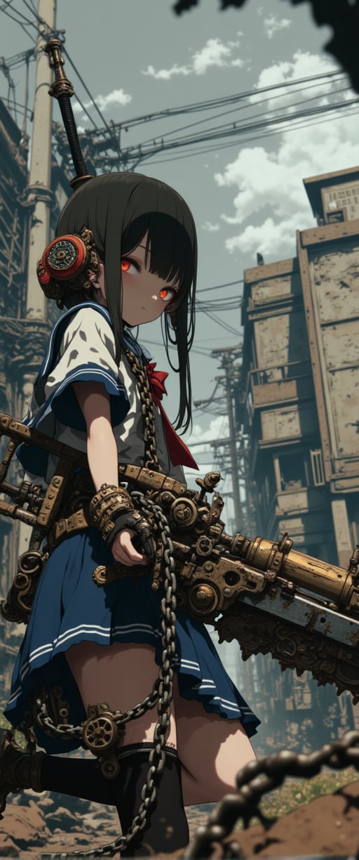 A gritty GOD EATER scene: A petite Japanese girl in a sailor school uniform miniskirt stands strong amidst the ruins of a dystopian cityscape. She brandishes an imposing, intricately detailed mechanical chainsaw-like sword with gears and rivets, its steely sheen contrasting with her fragile features. Her chained hand adds an eerie touch to her menacing aura. The desolate backdrop of dilapidated buildings, power lines, and gray skies amplifies the post-apocalyptic atmosphere. Her exquisite facial features glow amidst the ruin, as she exudes a sense of powerful danger.,ct-sensanime,ct-prettienime2,ct-anitity