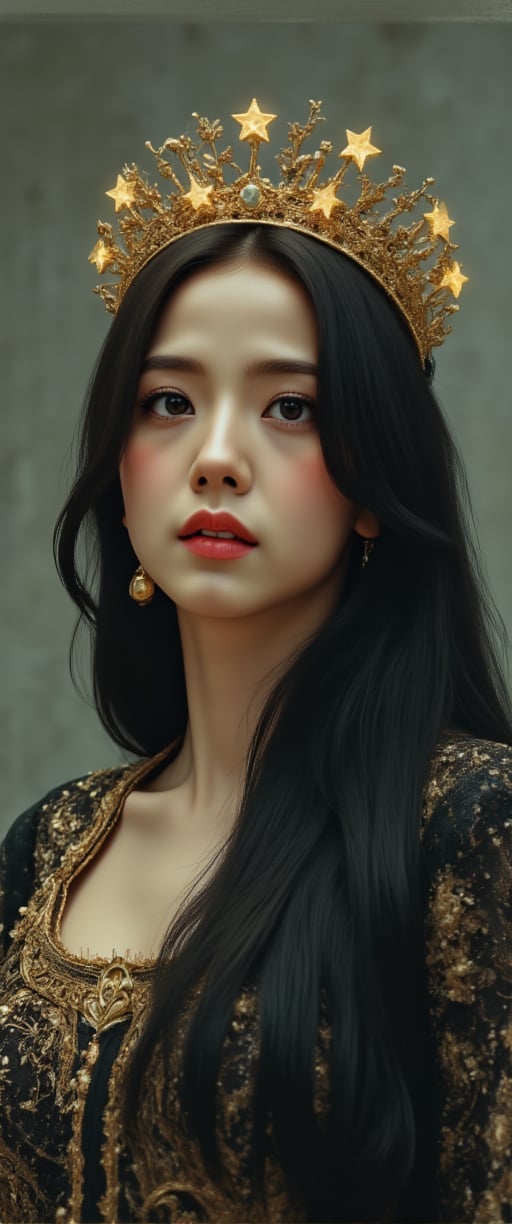 This image is a digital drawing in a highly detailed, realistic style. The subject is a young woman with a slender, athletic build and fair skin, likely of East Asian descent. She has long, dark hair cascading down her back and piercing blue eyes with a serious, slightly melancholic expression. She is adorned with a golden crown adorned with small, glowing stars, suggesting a regal or fantastical theme.mid shoot