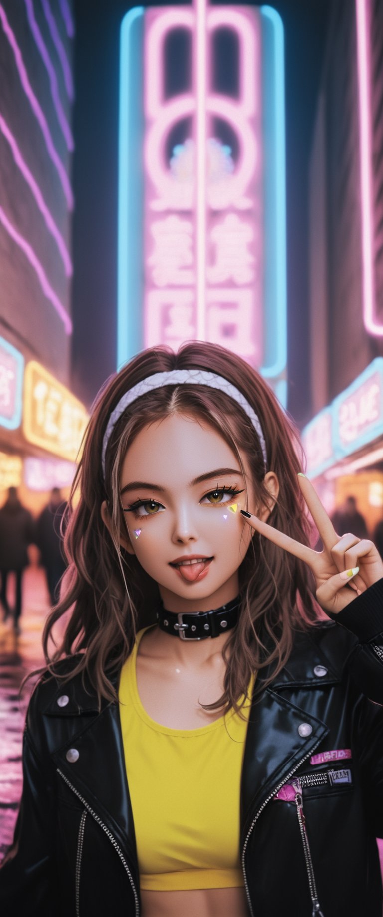 In a vibrant, neon-lit cityscape, a young woman with long, wavy hair and a mischievous grin, stands confidently amidst the urban night. She wears a black vinyl jacket, adorned with chunky chains and a collar of tiny tachuelas. Her white headband is tied around her forehead, holding back her wet locks. A DRONE 26K inscribed yellow tank top clings to her toned physique.

As she proudly holds up her hand in a V sign near her face, two purple hearts are painted on her cheeks, matching the playful tone of her outstretched tongue. Her large, rounded pink earrings bounce with each subtle movement.

The city's towering skyscrapers and bustling streets provide a futuristic backdrop, with neon lights reflecting off the wet pavement. The atmosphere is electric, capturing the carefree essence of this rebellious cyberpunk heroine, standing tall and unapologetic in her freedom and joy.,score_9,ct-virtual,ct-jeniiii