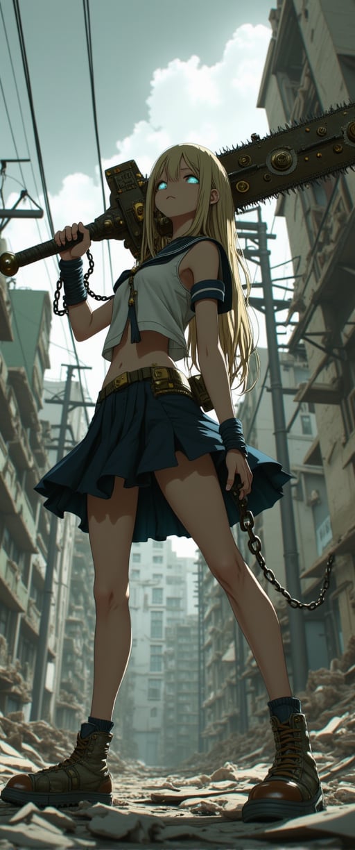 A gritty GOD EATER scene: A petite Japanese girl in a sailor school uniform miniskirt stands strong amidst the ruins of a dystopian cityscape. She brandishes an imposing, intricately detailed mechanical chainsaw-like sword with gears and rivets, its steely sheen contrasting with her fragile features. Her chained hand adds an eerie touch to her menacing aura. The desolate backdrop of dilapidated buildings, power lines, and gray skies amplifies the post-apocalyptic atmosphere. Her exquisite facial features glow amidst the ruin, as she exudes a sense of powerful danger.