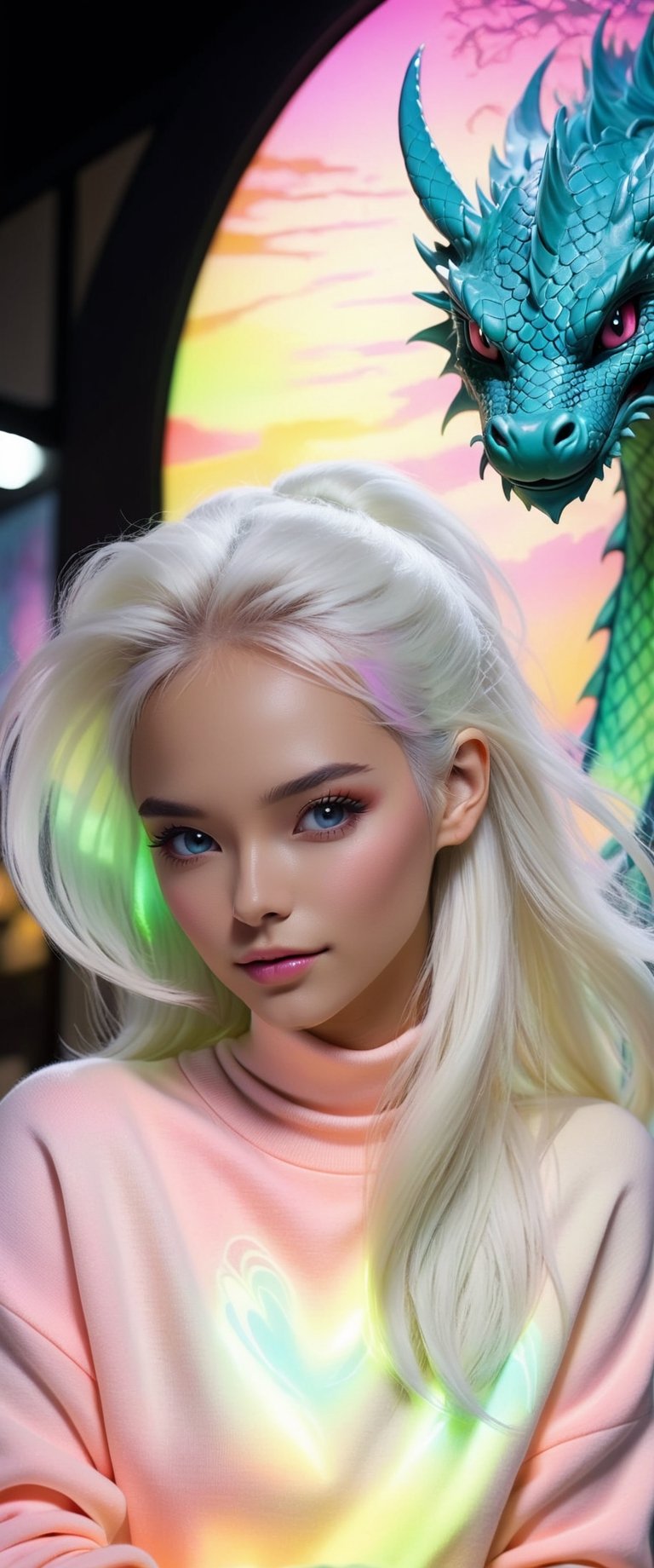 high energy model wearing neon evening sherbet colored luminescent sweater, long straight white platinum hair, lightly glowing, iridescent artsy background, dragon, coffee, half body shot, airbrushed realistic anime 
,ct-drago