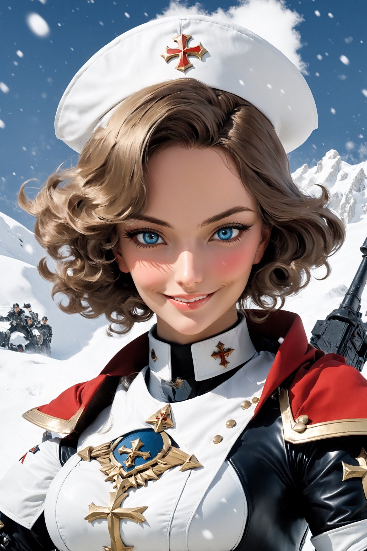 poster of a sexy   [ warhammer_40k_commissar, short curly brown ringlet hair, blue eyes, huge breasts, motherly face and smile, white uniform, snow background, propaganda poster, salute, text underneath  ], ,  very_high_resolution, latex clothing uniform, eye angle view,  , designed by  Dave Mckean,aw0k nsfwfactory,aw0k magnstyle,danknis,sooyaaa,Anime ,IMGFIX

