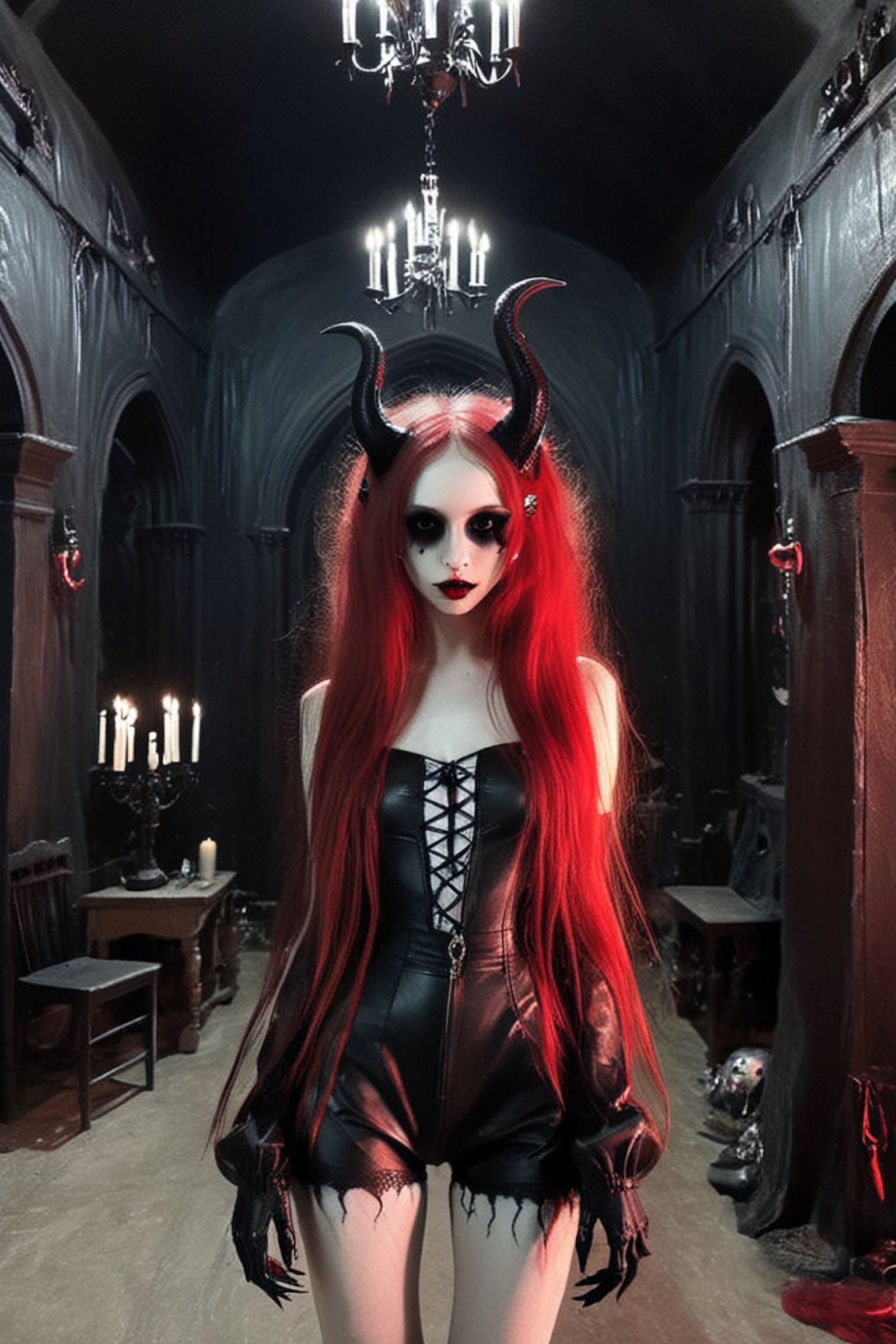 young pale skin demon  girl  with oversized red sunglesses,long messy hair , hair ,  , wearing latex outfitt, dark atmosphere.

(room has gothic walls with creepy decorations, candels , gothic furniture:1.1)  

( young face:1.2),
modern, (high detailed skin:1.2), 8k uhd, dslr, soft lighting, high quality, film grain, Fujifilm XT3 ,  , relaxing, long hair, ,sooyaaa,detailmaster2,more detail XL,Anime 