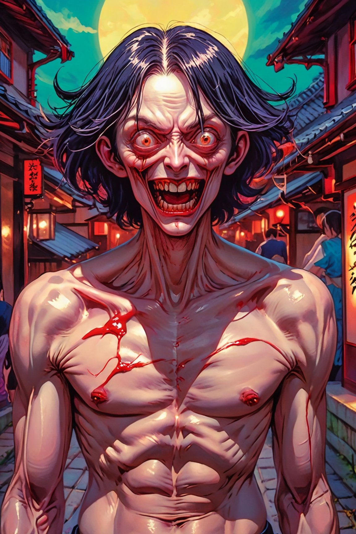 evil vampire, in the style of horror manga, Junji Ito, unique yokai illustrations, stylized violence, psychological, paranoid sensitivity, , distorted bodies, hyperbolic expression, pulp comics, chrome-plated. Resolution: 4k.,sooyaaa,aw0k euphoric style,rosy,jinx (league of legends),buffys,HellAI