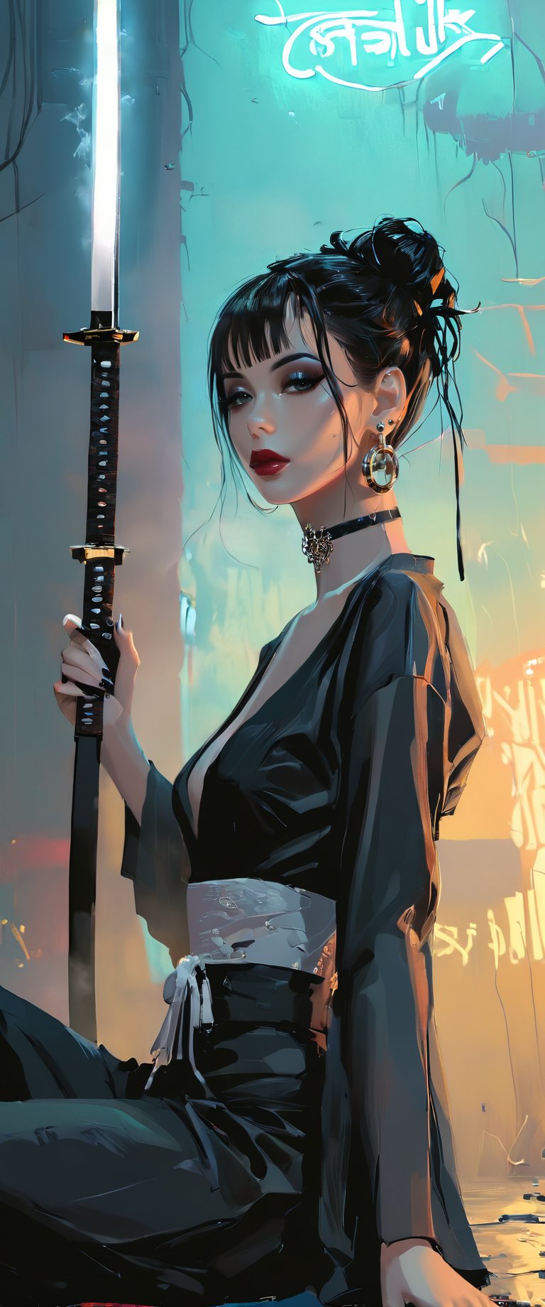 Prompt: In a dimly lit, smoky cyberpunk club, a femme fatale cyborg sits solo, her mechanical joints gleaming in the flickering light. Her striking features, framed by short hair and bangs, are adorned with jewelry and a black choker. she pets a snake that gazes directly at the viewer. She wears a revealing seethrough kimono, paired with Japanese-style earrings, and holds a katana surrounded by the dark, gritty atmosphere. Her gaze is sultry, exuding an air of sexy sophistication, as if inviting the viewer to enter her world. The scene is set in a Conrad Roset-inspired style, with a focus on dark, muted tones and industrial textures.,core_9,scary, (masterpiece:1.2),ct-virtual,dcas_lora
,comic book,digital painting