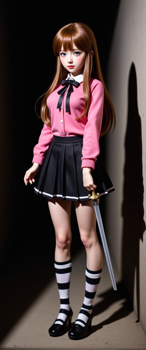 a female doll stands in a dark alleyway, holding a sword in her right hand. She is dressed in a pink long-sleeved shirt, a black skirt, and striped socks. Her hair is a vibrant shade of brown, and her eyes are a piercing blue. She has a black bow tie around her neck, adding a pop of color to her outfit. Her left hand is positioned in front of her body, while the right hand is resting on her hip. Her shadow is cast on the wall on the right side of the image.