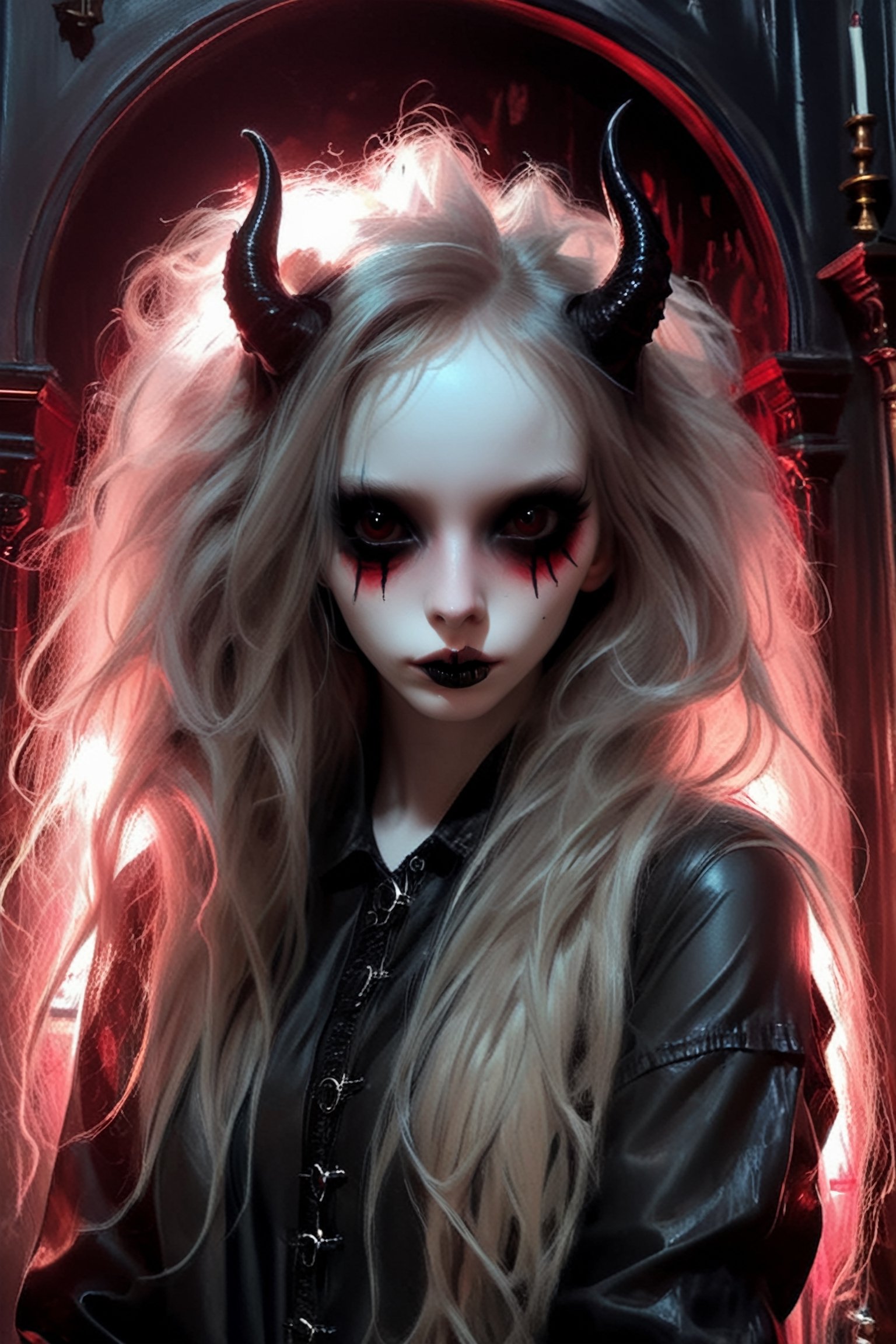 young pale skin demon  girl  with oversized red sunglesses,long messy hair , hair ,  , wearing latex outfitt, dark atmosphere.

(room has gothic walls with creepy decorations, candels , gothic furniture:1.1)  

( young face:1.2),
modern, (high detailed skin:1.2), 8k uhd, dslr, soft lighting, high quality, film grain, Fujifilm XT3 ,  , relaxing, long hair, ,sooyaaa,detailmaster2,more detail XL,Anime 