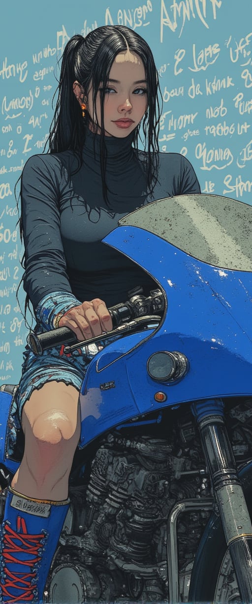 a girl riding a blue motorcycle. The girl is wearing a black long sleeve shirt and a blue and white skirt. She is also wearing a pair of blue and red boots. Her long black hair is pulled back in a ponytail. She has headphones on her head and earphones in her ears. The motorcycle is made of metal and has a black tire on the front. The background is a light blue color with white writing on it.. Amidst this moody, atmospheric setting, her elegant posture exudes an enchanting contrast, drawing us in to unravel the secrets of her mysterious world.,ct-identityV2,ct-colority,ct-sensanime,ct-bustyy2,ct-chainb,ct-fititty,ct-leetity