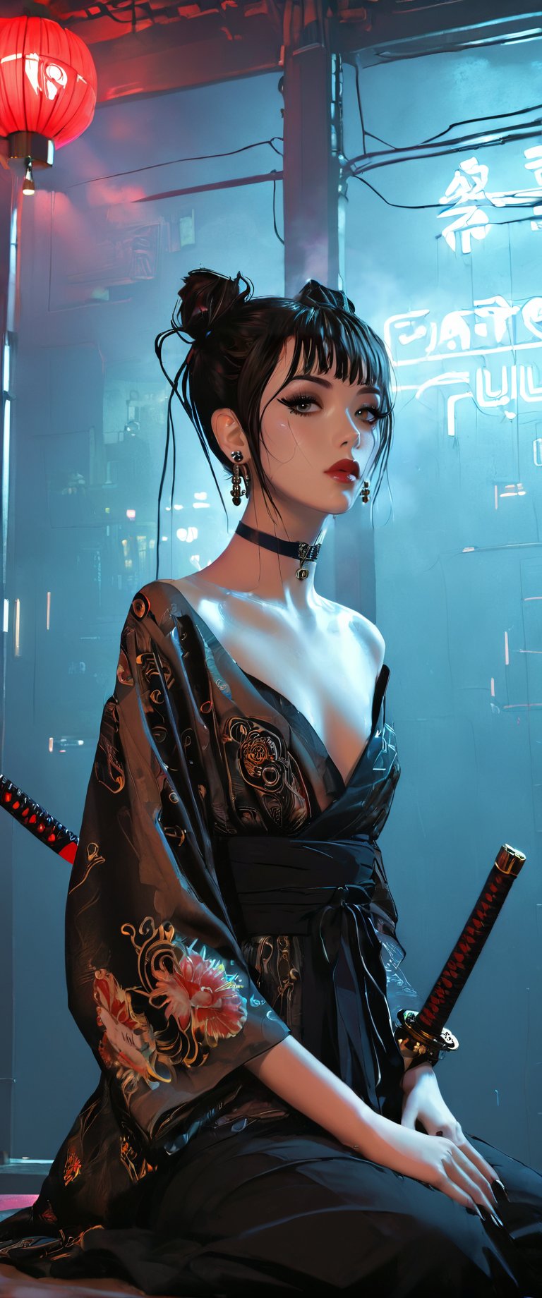 Prompt: In a dimly lit, smoky cyberpunk club, a femme fatale cyborg sits solo, her mechanical joints gleaming in the flickering light. Her striking features, framed by short hair and bangs, are adorned with jewelry and a black choker. she pets a snake that gazes directly at the viewer. She wears a revealing seethrough kimono, paired with Japanese-style earrings, and holds a katana surrounded by the dark, gritty atmosphere. Her gaze is sultry, exuding an air of sexy sophistication, as if inviting the viewer to enter her world. The scene is set in a Conrad Roset-inspired style, with a focus on dark, muted tones and industrial textures.,core_9,scary, (masterpiece:1.2),ct-virtual,dcas_lora
