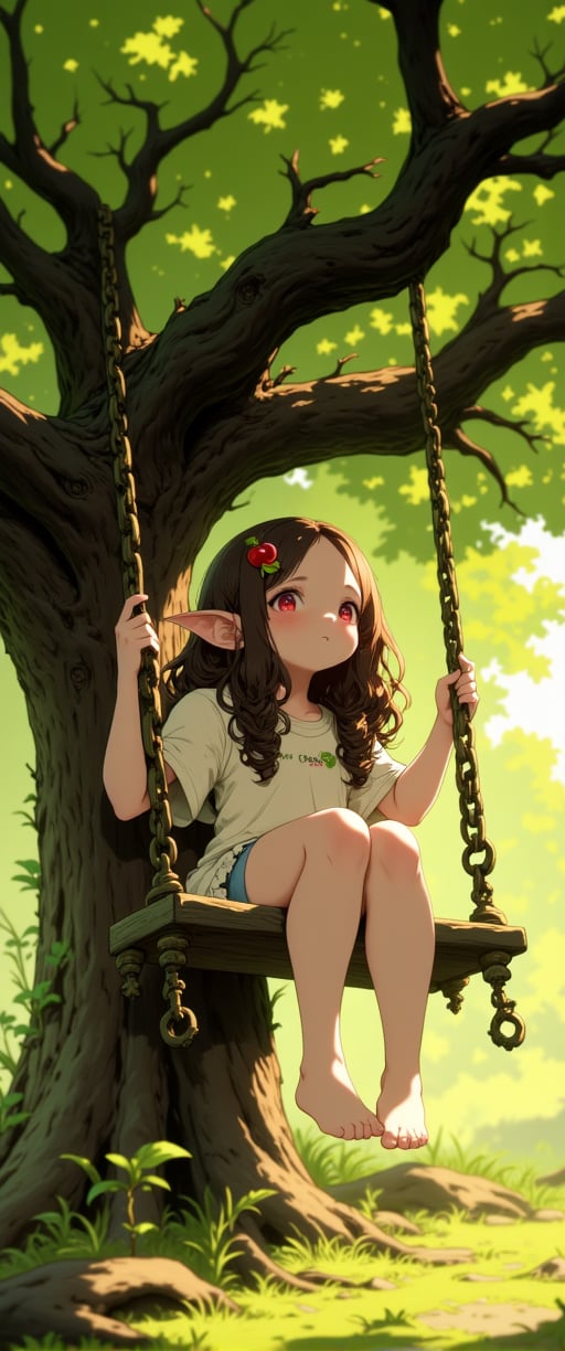 Under the sprawling canopy of a lush green tree, an adorable elf girl perches on a wooden swing suspended from its sturdy branches. Her curly brown locks are adorned with a delicate apple-shaped hairpin, adding to her whimsical charm. The soft focus and warm lighting evoke a sense of serenity as she gently sways back and forth, exuding an irresistible cuteness. Ink-like lines define the contours of her features, blending seamlessly with the natural world.,ct-physmstyle,ct-physmstyle2