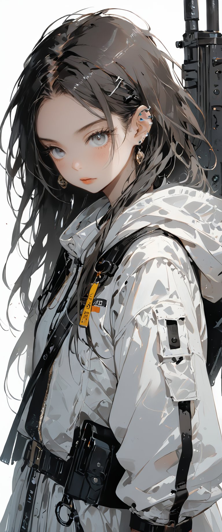 1girl, solo, long hair, looking at viewer, bangs, simple background, black hair, gloves, holding, jewelry, jacket, weapon, earrings, hood, fingerless gloves, holding weapon, see-through, gun, grey eyes, piercing, white jacket, ear piercing, holding gun, black nails, rifle,dal-27,dal-1