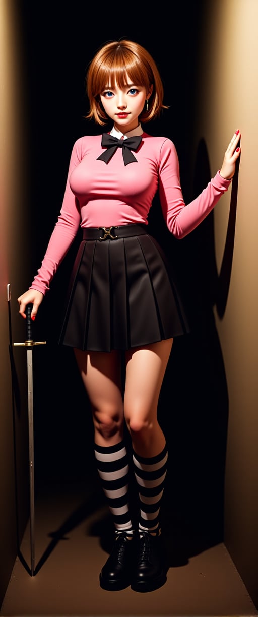 a  sexy female  stands in a dark alleyway, holding a sword in her right hand. She is dressed in a pink long-sleeved shirt, a black skirt, and striped socks. Her hair is a vibrant shade of brown, and her eyes are a piercing blue. She has a black bow tie around her neck, adding a pop of color to her outfit. Her left hand is positioned in front of her body, while the right hand is resting on her hip. Her shadow is cast on the wall on the right side of the image.