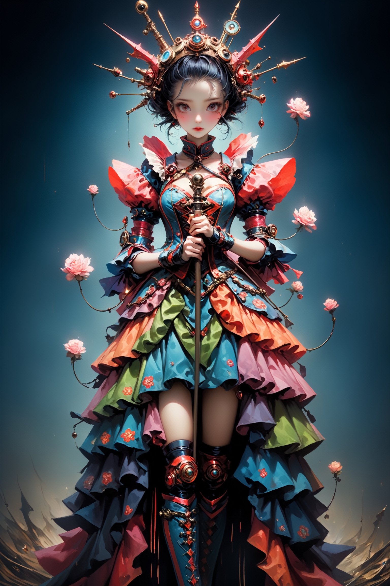 Girl in a strange outfit,glamorous surreal, creative, absurd, full body, holding a swrod Style by Stefan Gesell,,more detail XL,detailmaster2,Anime ,sooyaaa,dlwlrma