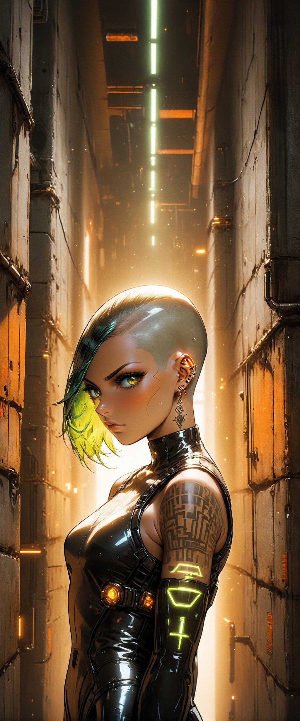 In a dimly lit, cyberpunk jail cell, a raw and edgy woman, 30 years old, with a shaved head  haircut, strikes a bold model pose amidst the stark concrete walls. Her orange-lit cybernanotech face glows with luminous implants, and her skin features a hologram tattoo designed by Mike Mingola (). The air is thick with absurdes tension as she gazes out with an intensity that's both bad and mesmerizing.