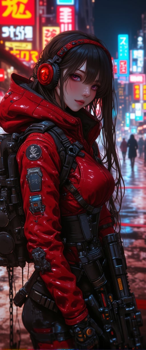 cyberpunk anime, stunning Japanese woman wearing red and black sci-fi power armour, headphones, dark eyeshadow, holding assault rifle on cyberpunk street at night, neon signs and advertising, bokeh, side lighting,ct-physmstyle