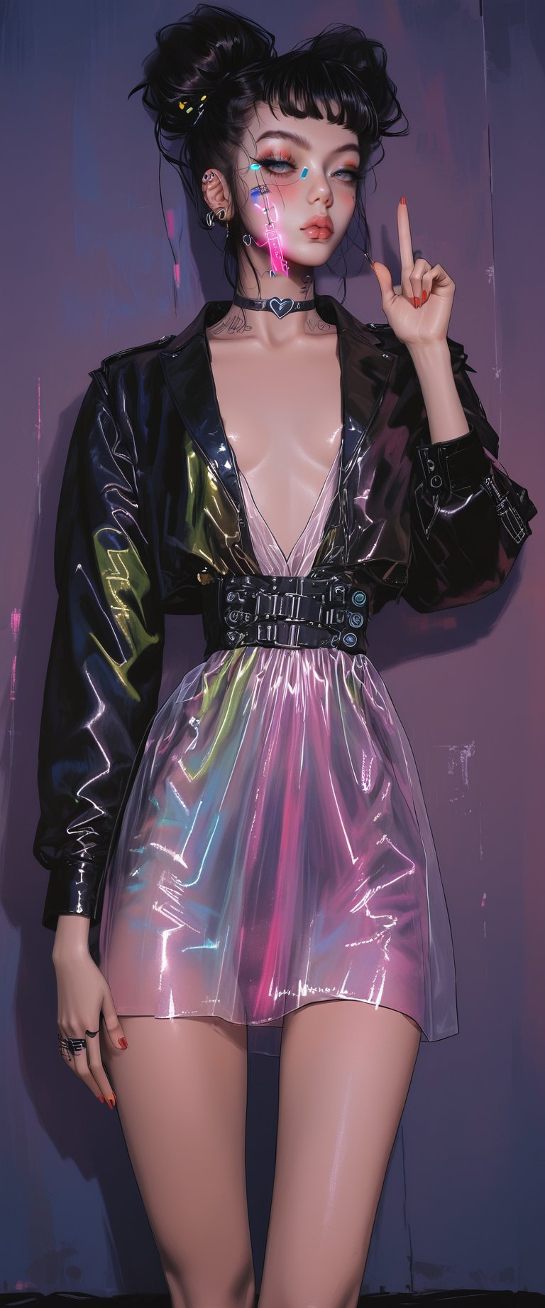 A cyborg girl posing seductively in a smoky cyberpunk nightclub. She's wearing a black leather jacket with glowing blue circuits and a plunging neckline, her eyes gleaming like neon lights in the dark. The walls are adorned with retro-futuristic advertisements and pulsating holographic displays. She extends her index finger, giving a sly heart sign to the camera, her bright red nails glistening under the strobing lights.