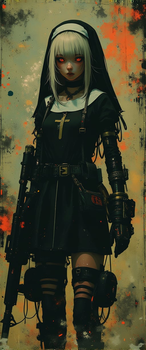  Full body shot, Cyberpunk, Gothic, Biomechanical ( 1girl, solo, looking at viewer, red eyes, gloves, holding, hair between eyes, weapon, white hair, holding weapon, gun, cross, holding gun, rifle, pouch, nun, assault rifle, habit)
), , abstract cubist, Perfect Composition, High Contrast, Atmospheric, Moody, Raw photo, realistic, cinematic lighting, soft shadows, sharp focus, fractal, colorful, depth of field, best quality, 16k resolution,
,ct-animepopstyle,anime,style of Mattias Adolfsson,ct-sensual,cyberpunk,ct-sensual-v2