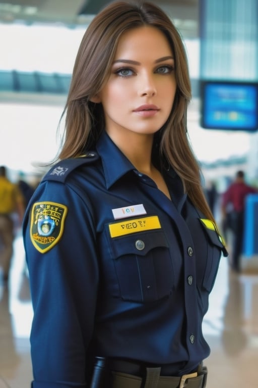  police woman who is in airport, large bust, woman is central in the shot looking at the camera. photorealistic, HDR, cinematic lighting, sharp focus, serious, black army boots and back pants, beautiful woman, Movie Still, looking at the camera, beautiful face,detailed face,Lady, beautiful long legs, long hair, DOA,blurry_light_background, nice eyes, detailed eyes, full shot of the woman, woman dressed in black 