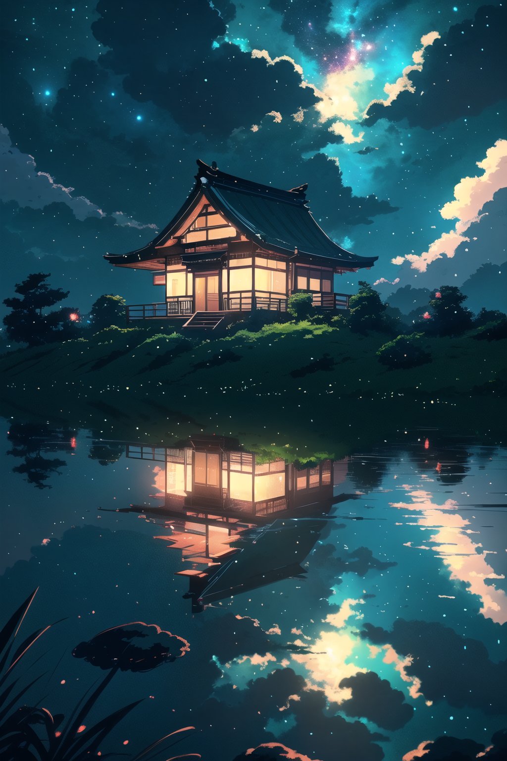 
```a house sitting beside a lush green hillside, inspired by Makoto Shinkai, fantasy art, night clouds, neon lighting, mount olympus, ultra hd anime wallpaper, close up iwakura lain, sitting on the cosmic cloudscape, beautifull puffy clouds. anime, in style of kyoto animation, anime yuru camp, night time scene, cinematic lighting, 4k cinematic ```