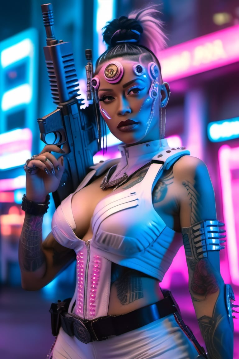 ((best quality)), ((masterpiece)), ((realistic)), (detailed), a gorgeous Latina Milf stripper woman ((huge EE-cup breasts)) with black straight hair and techno armor((holding a m-16, shooting it, ammunition)), tan skin and dark eyes, flirting smiling confident seductive, Steampunk flair, vibrant high contrast, pink and blue lit cyberpunk cityscape behind her, Omnious intricate, octane, moebius, dramatic lighting, orthodox symbolism Cyber punk, mist, ambient occlusion, volumetric lighting, emotional, tattoos, shot in Tokyo, hyper detailed, zoomed out, full body, 16k, nipples, Nikon Z9,weapon,cyberpunk style, jump, Movie Still,Movie Still,Film Still, .biopunk style,cyberpunk style,photo r3al,biopunk,vaporwave style,cyborg