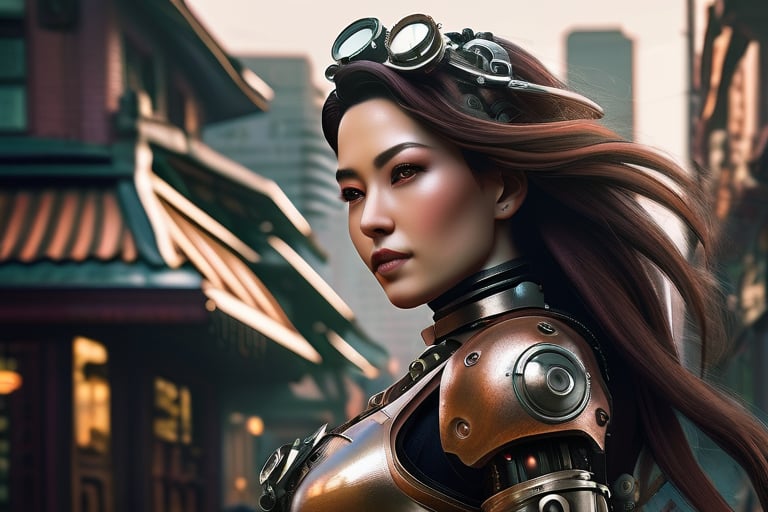 very complex hyper-maximalist overdetailed cinematic tribal Steampunk  beautiful Asian Milf  woman with  windblown hair and Steampunk armor, pale skin and dark eyes, flirting smiling confident seductive, gothic, windblown hair, Giant Mech bot behind her, vibrant high contrast, Steampunk cityscape behind her, Omnious intricate, dynamic pose, octane, moebius, dramatic lighting, orthodox symbolism Steampunk, mist, ambient occlusion, volumetric lighting, emotional, tattoos, shot in Tokyo, hyper detailed illustration, 8k, Nikon Z9,valorantviper,green bodysuit, elbow gloves,greg rutkowski