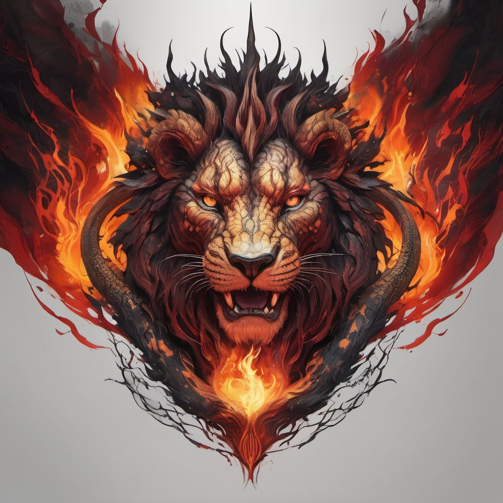 realistic, red and orange  Serpent with head of a Lion, scales like a bearded dragon dark crimson stripes along back, large goat horns, desolate, intricately detailed, lightning, flames rising around charred woodland ground, beautiful, dynamic pose, amazing, highly detailed, digital art, sharp focus,Nikon Z9