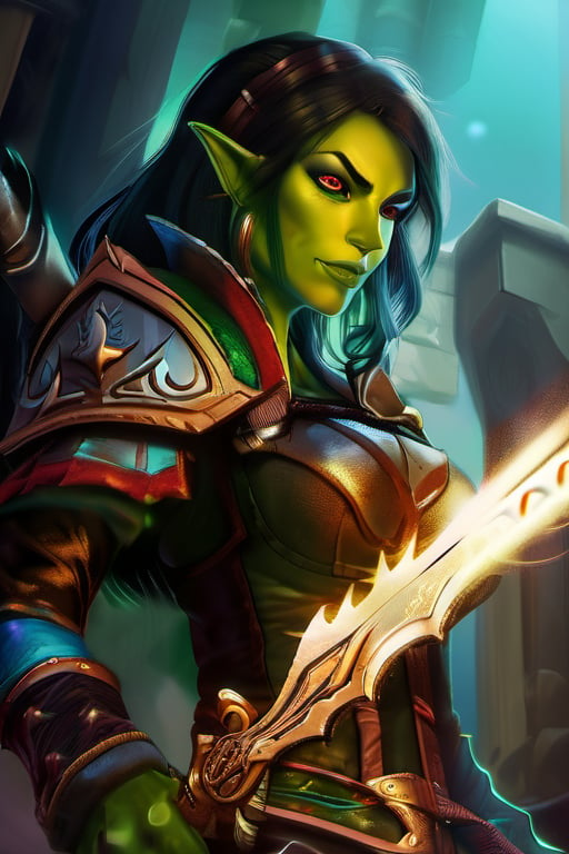 ((best quality)), ((masterpiece)), ((realistic)), (detailed), Beautiful Gorgeous Garona Hellscream as a  green skinned Orc female assassin ((short pointed elflike ears)) ((short tusks pointing upwards from her jaw)) ((wearing leather armor)) in the midst of battle in a castle keep a dagger in each hand, torchlit, mafic, world of warcraft vibes, ((glowing eyes)) looking right at the viewer, desolate, intricately detailed, artistic lightning, castle keep battleground, fire, torches, orccore, dynamic poses, amazing, highly detailed, sharp focus, Nikon Z9,
orczor,orczor,oni style,xxmix girl woman