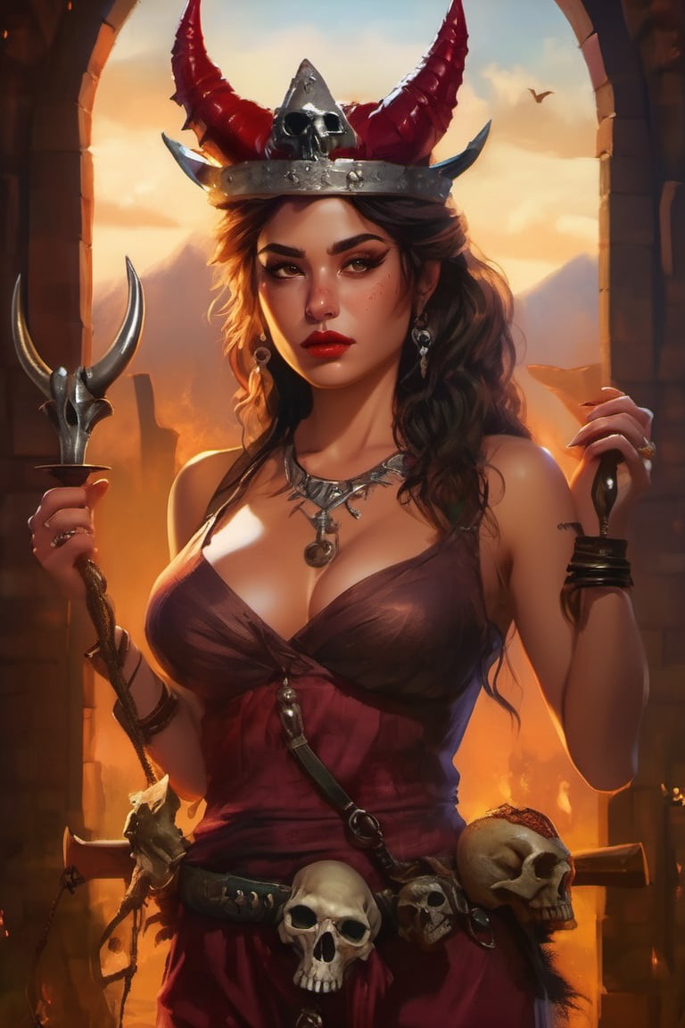 ((best quality)), ((masterpiece)), ((realistic)), (detailed), a Gorgeous Milf Latina woman Sorceress ((beautiful face)) ((tiny freckles)) ((dark cherry lipstick))  (small waist) ((with large EE-cup Breasts)) ((wearing a tiny linen tube top)) ((she wears a spiked iron crown with 2 large horns))  (( holding an  horned skull in her left hand , skull is facing the viewer ))  ((a coyote skull hangs from her waist))standing in front of a doorway with a fire in the background and a sky with clouds, dark fantasy art, 8k, hyper realistic, fantasy art, dynamic pose, amazing, highly detailed, digital art, sharp focus, Nikon Z9,xxmix girl woman