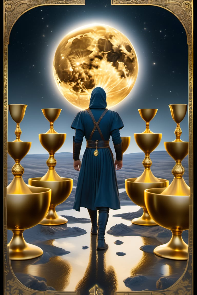 Tarot Card Style,  Border with text saying "8 of Cups", ((best quality)), ((masterpiece)), ((realistic)), (detailed), a Man walks away from the camera head down as if cold, the moon shines in the distance, in the foreground 8 gold cups are present but he does not see them, outside at night,  mystical feeling, fantasy, an ambient occlusion render, photorealism, sharp focus, absurdres, Nikon Z9, 16k, weapon, Movie Still,Film Still, Tarot