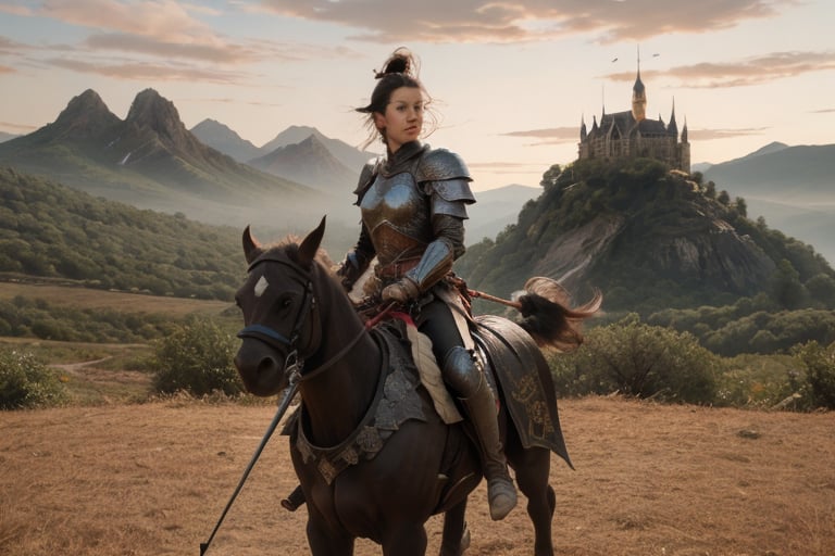 A gorgeous Beutiful Woman dressing plate armor (riding a griffen)  holding a raised spear, large mountains entwinned with castles  of rock & folliage in the background, sunset, joy, 8k, cinematic lighting, Hyper realistic,Unrel Engine