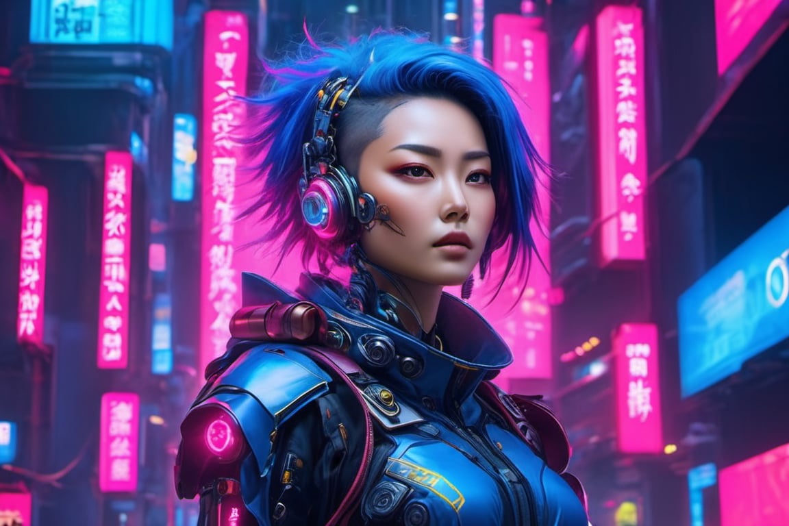 ((best quality)), ((masterpiece)), ((realistic)), (detailed), a gorgeous Cyberpunk Asian woman with blue windblown hair and techno armor((wearing a jetpack (( flying  through the air)))), 150 ft up in the air , pale skin and dark eyes, flirting smiling confident seductive, Steampunk flair, vibrant high contrast, pink and blue lit cyberpunk cityscape behind her, Omnious intricate, octane, moebius, dramatic lighting, orthodox symbolism Cyber punk, mist, ambient occlusion, volumetric lighting, emotional, tattoos, shot in Tokyo, hyper detailed, zoomed out, full body, 8k, Nikon Z9,  cyberpunk style,mecha,bingnvwang,cyberpunk style,cyberpunk