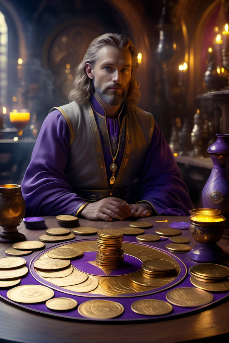 Tarot Card Style,  Border with text saying "Ten of Disks", ((best quality)), ((masterpiece)), ((realistic)), (detailed), a Man stares down at a table there are 10 gold coins on it, Gold and violet smoke around him, ((inside a tavern))  mystical feeling, fantasy, an ambient occlusion render, photorealism, sharp focus, absurdres, Nikon Z9, 16k, weapon, Movie Still,Film Still, Tarot
