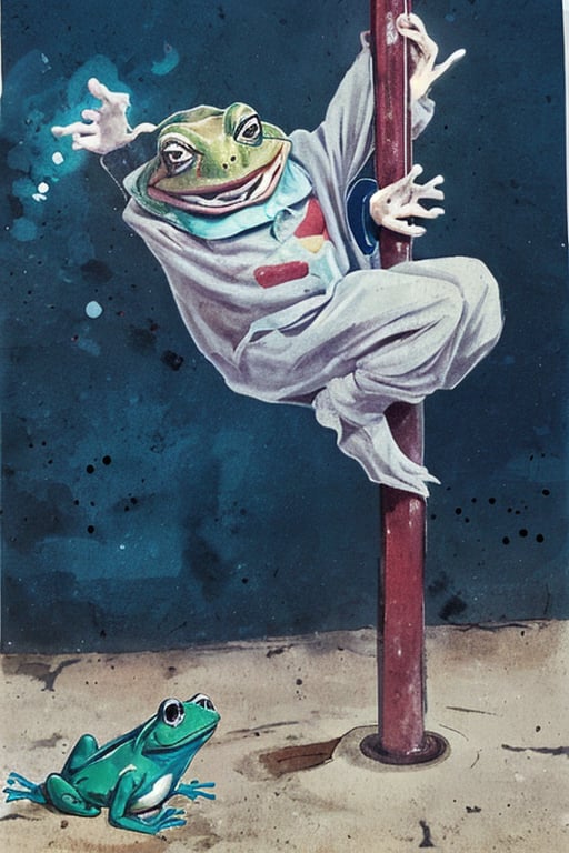 afraid clown on a pole, a frog with the roung out on the ground