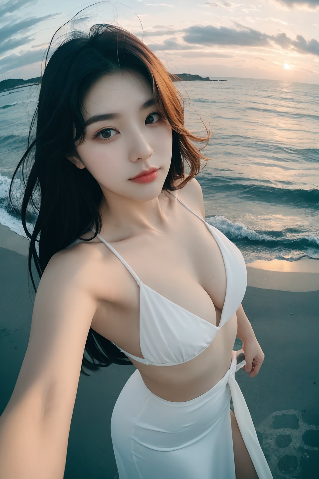 a woman takes a fisheye selfie on a beach at sunset, the wind blowing through her messy hair. The sea stretches out behind her, creating a stunning aesthetic and atmosphere with a rating of 1.2.(pureerosface_v1:0.8), (ulzzang-6500-v1.1:0.8), 1girl, (25 years old gorgeous beautiful Korean woman:1.3), (kpop idol), (korean beauty), (korean mixed), Delicate and beautiful eyes and face, perfect body, lustrous skin, 
