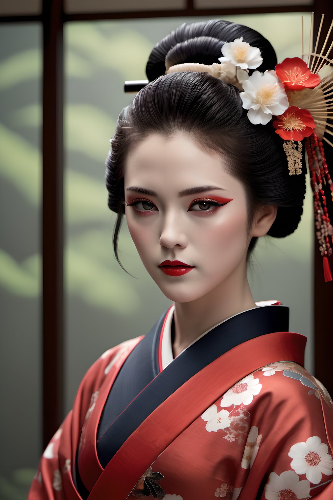 Render a photorealistic image of a geisha, the subtle details of her makeup and intricate kimono standing out in stunning clarity. Use the Canon EOS R6 Mark II with an 800mm lens to produce a hyper-detailed, 64K resolution image,Movie Still, kristen stewart