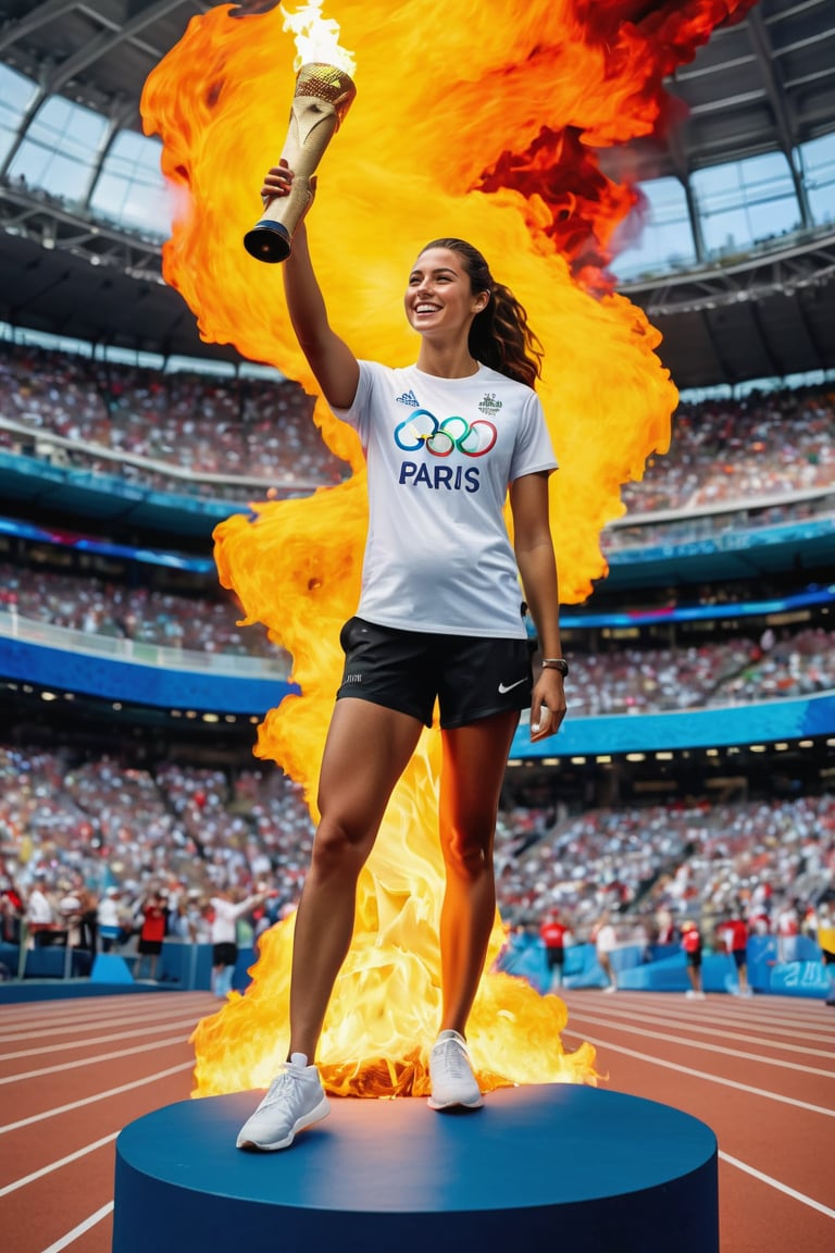 A triumphant figure stands amidst a sea of expectant faces in a packed sports stadium. The girl's subtle smile radiates confidence as she holds the Olympic torch aloft, her white t-shirt and black sport shorts a sleek contrast to the vibrant atmosphere. Text "PARIS 2024" written on her shirt serves as a declaration of pride. Her pose, captured in mid-stretch, exudes a sense of dynamic energy. The high-resolution image is rendered in exquisite HDR detail, with every subtle texture and nuance brought to life in a masterpiece of digital art.