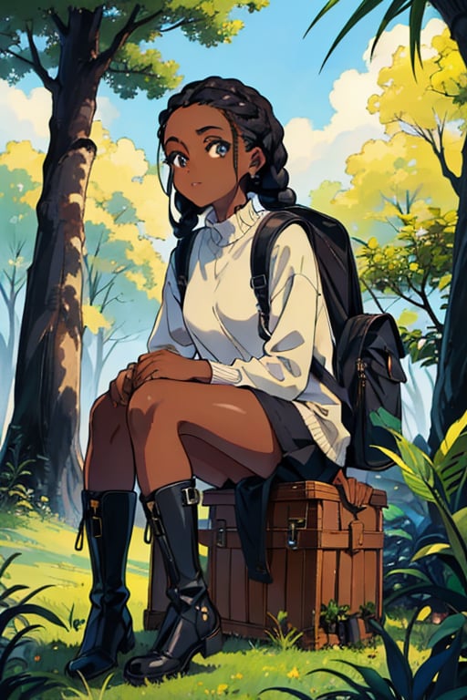 masterpiece, (highly detailed eyes, twinkle in eyes:1.3)best quality ,a dark melanin african girl,  bird, long black hair braided, dark-skinned_female, dark_skin, forest, grass, holding, backpack, jungle, boots, nature, outdoors, trees, plant, soles, solo, tree, cartoon 