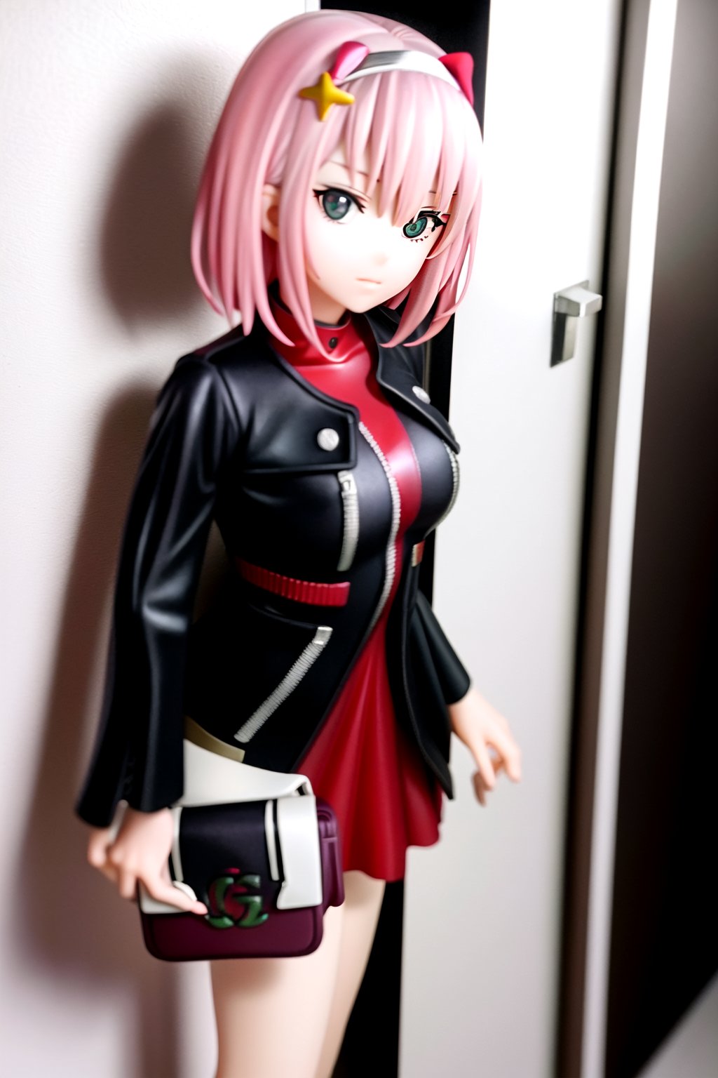 zero two em frente a uma loja de roupa vestida com um jaqueta da gucci