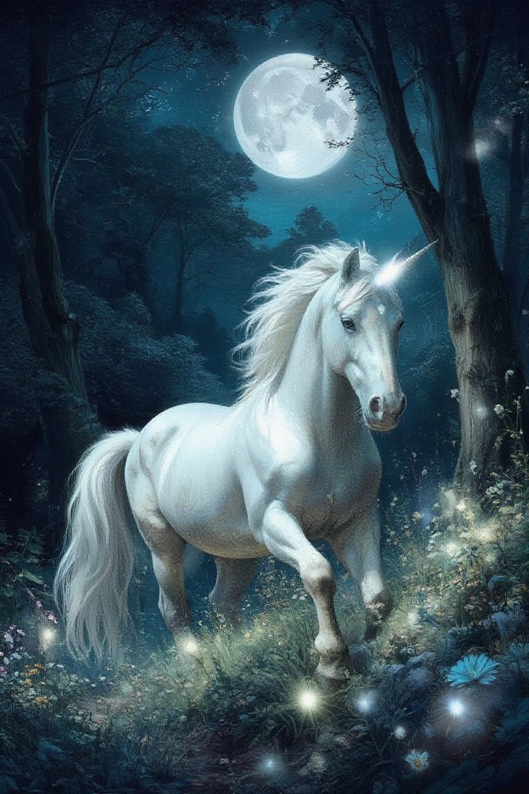 Masterpiece, professional, award-winning, intricate details, ultra high detailed, 64k, dramatic light, volumetric light, Enchanting, moonlit glade with a gentle unicorn and shimmering will-o'-the-wisps, realistic, magical, mystical creatures, idyllic, serene, ethereal, (mythical presence:1.4), wildflowers, moonbeams, ancient trees, soft glow, harmonious realm, tranquil beauty, 8k,ek_art_b00ster,anime,illustrated,